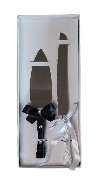 Wedding Cake Knife and Cake Lifter Set - Black and White