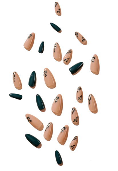 24 Pieces Long Almond Solid Green Leaf Pattern Press on Nails