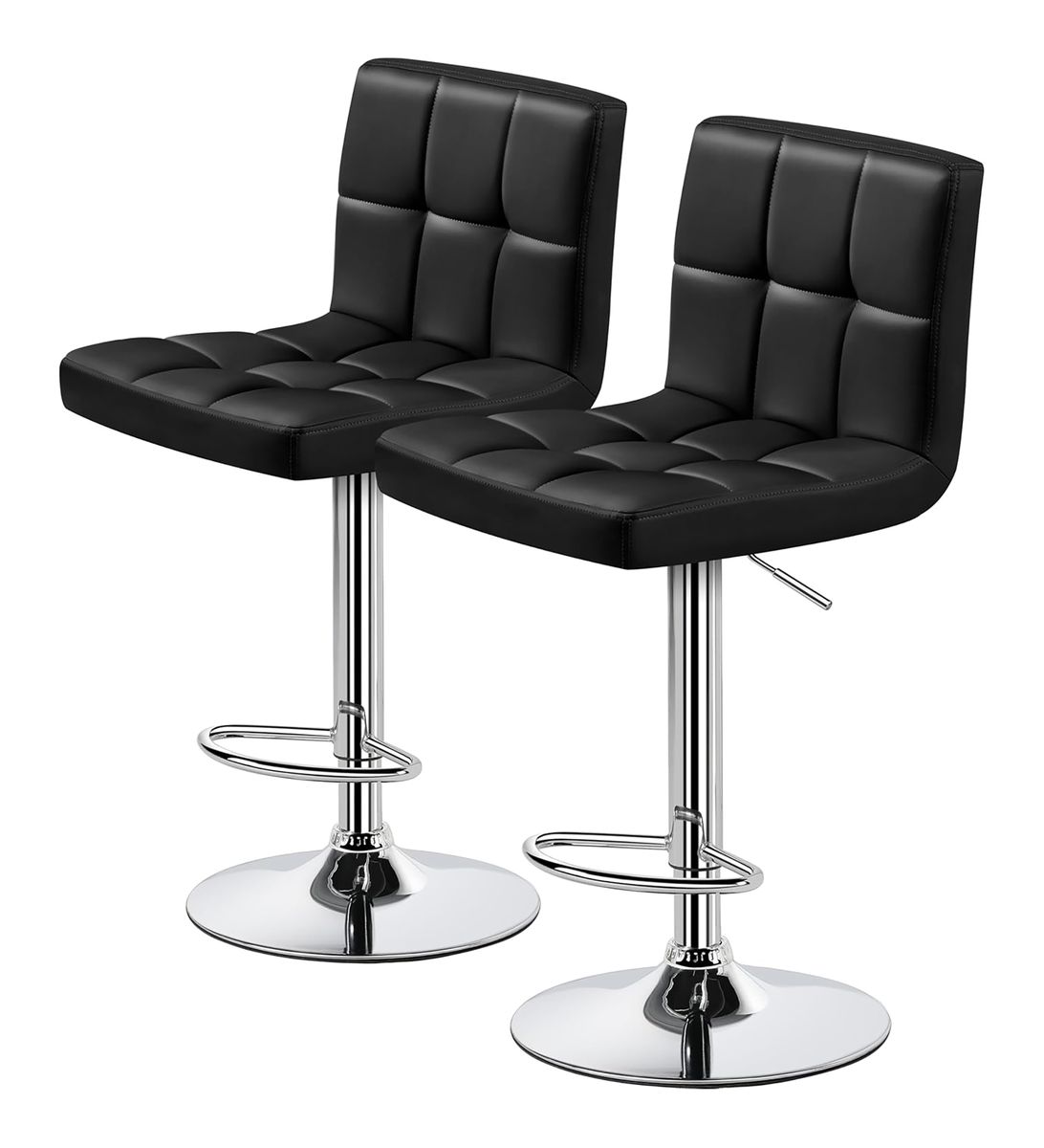 Set of 2 Adjustable PU Leather Swivel Bar Stools with Backrest - Black