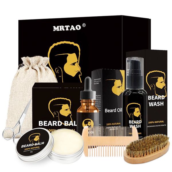 7pcs Beard Care Kit for Men Grooming Set Gift Box with Shampoo Oil Balm