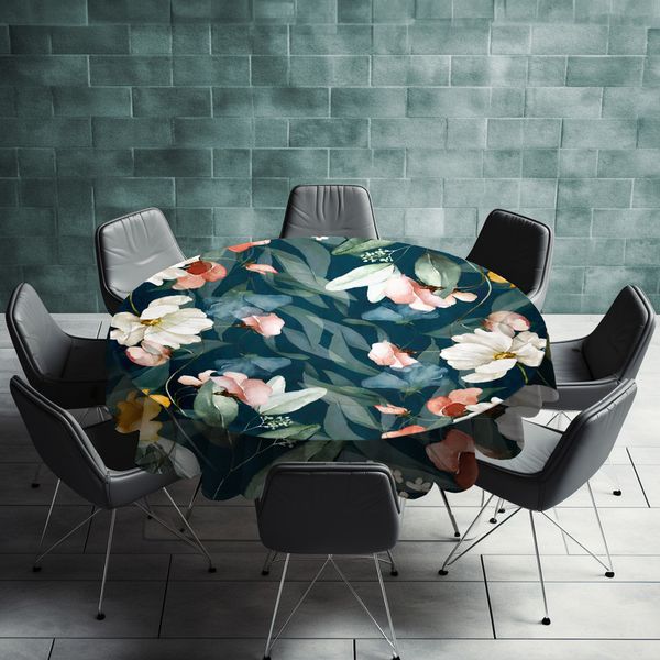 White Flowers on Dark Green Round Tablecloth by Mark van Vuuren