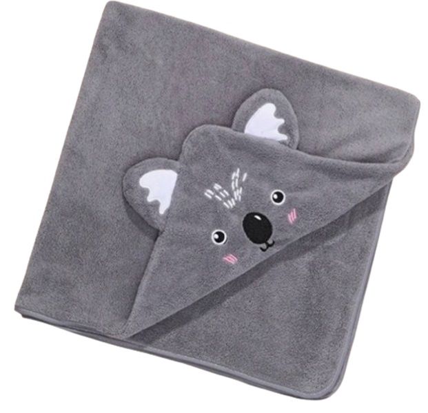 Baby Hooded Coral Fleece Swaddle Blanket or Bath Towel - Grey Koala