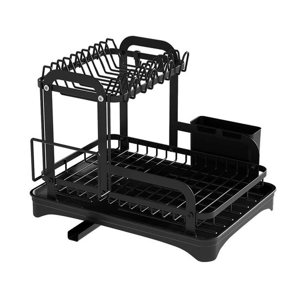Dish Rack,H Drain Rack 2-Layer for Dishes Knives Fork Cups,Water Tank Rack