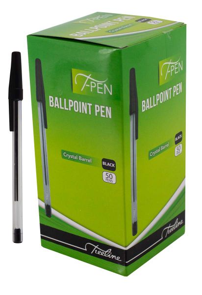 Treeline Ballpoint Pens Crystal Barrel T-Pen Black - Box of 50