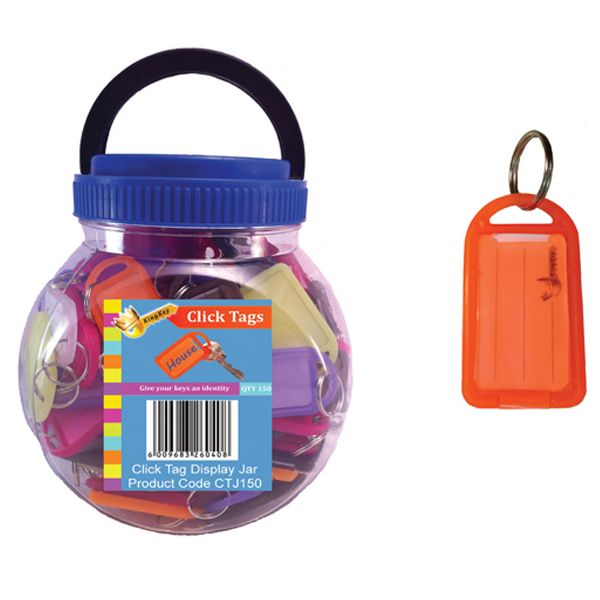 Keyring Click tags, assorted colours - jar of 150