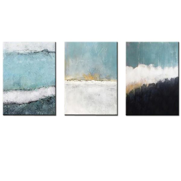Canvas-Art-3 Pieces Light Blue &amp; Gray Horizon Landscape Abstract Wall Art
