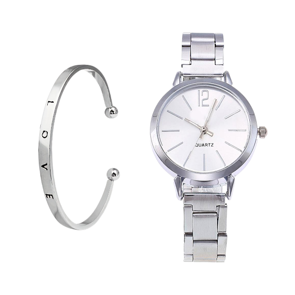 Classic Quartz Watch And "Love" Bracelet Set - Silver