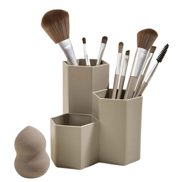 10 Piece Makeup Set - Brushes, Sponge and Storage Holder - Coral Pink