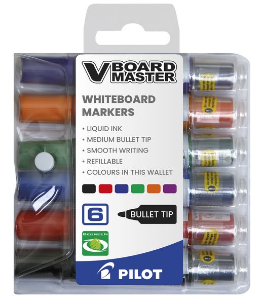 Pilot V Board Master Whiteboard Markers - Wallet of 6 Colours