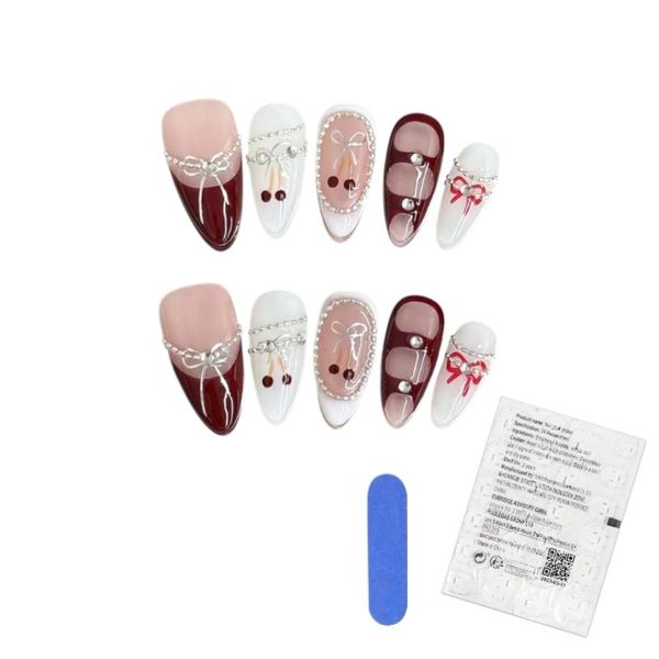 10 Piece - Elegant French Tips With 3D Bows Press-On Nails - Multicolor
