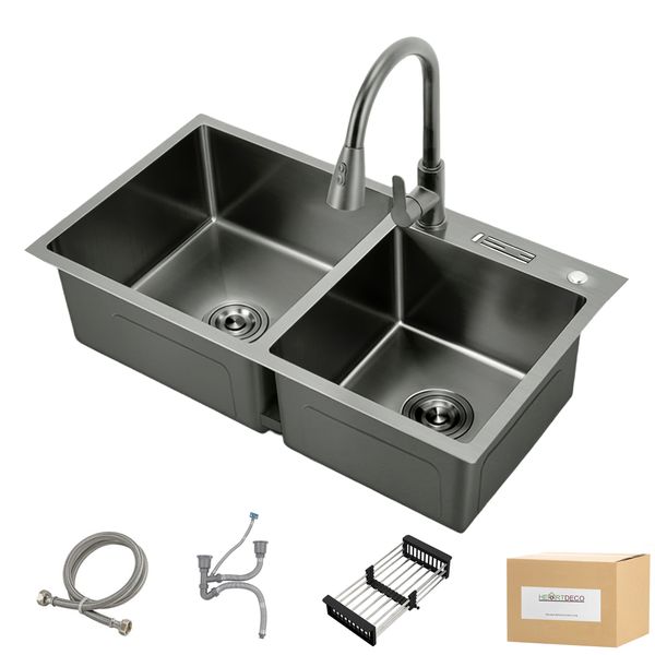 Heartdeco Double Bowl Stainless Steel Kitchen Sink Set (78 x 43cm) - Silver