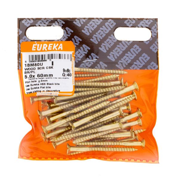 EUREKA Wood Screw Countersunk Brass Plated 5 x 60mm Q:40 1BM80U