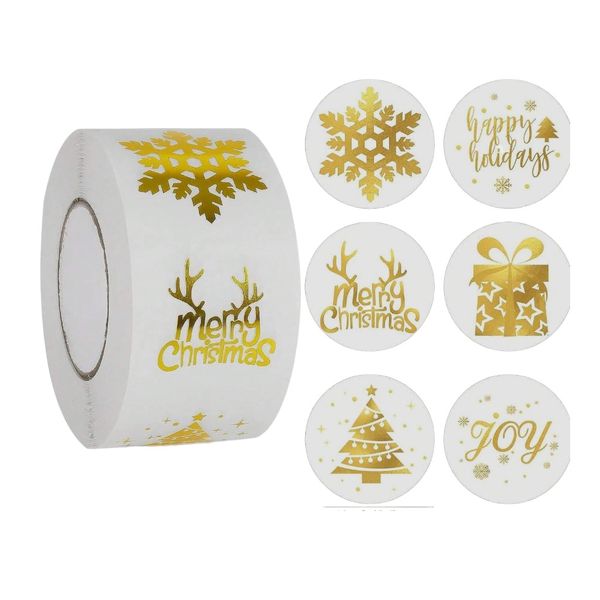 500-Piece - Foil Christmas Stickers Roll With Assorted Designs - Gold