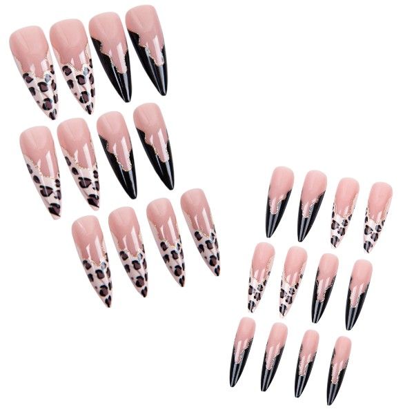 24-Piece Leopard Print Stiletto Press On Nails With Glitter Detail - Black