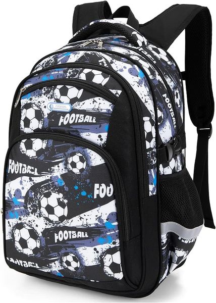 Soccer Geometric design School Backpack Bag Black/ Blue Multi Compartment