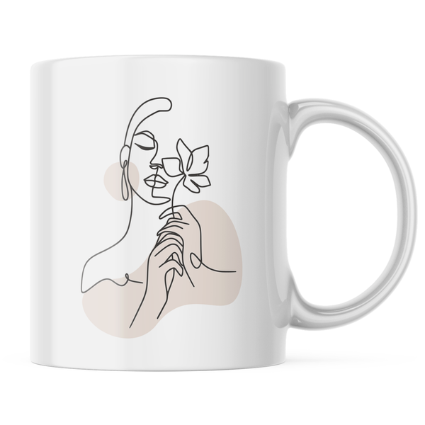 Ceramic Woman face Flower hands Outline Mug - White - 11 OZ