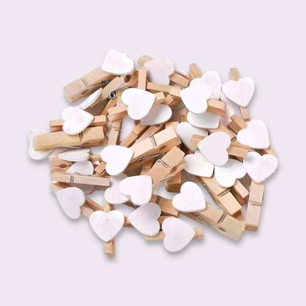 Mini Heart Wooden Clips - 50 Piece White DIY Pegs for Photos &amp; Crafts