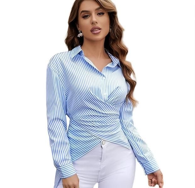 Loose Striped Shirt With Irregular Cross Long Sleeve