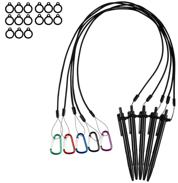Elastic Stationery Lanyard Set with Silicone Rings Carabiners Pens-5Pcs