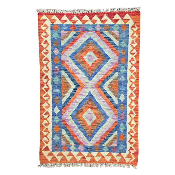Hand-Woven Blue/Orange/Multi Color Kilim - 126x80cm