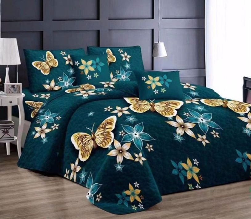 5 Piece Quilt Set Green Golden Butterfly Bedspread Set