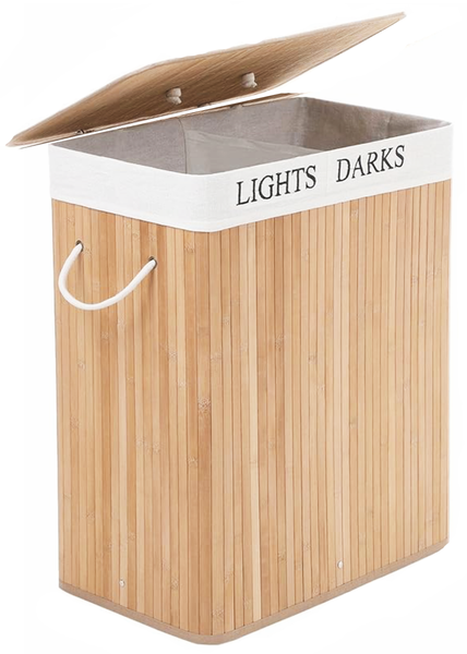 90 Litres Bamboo Laundry Basket with 2 Compartments