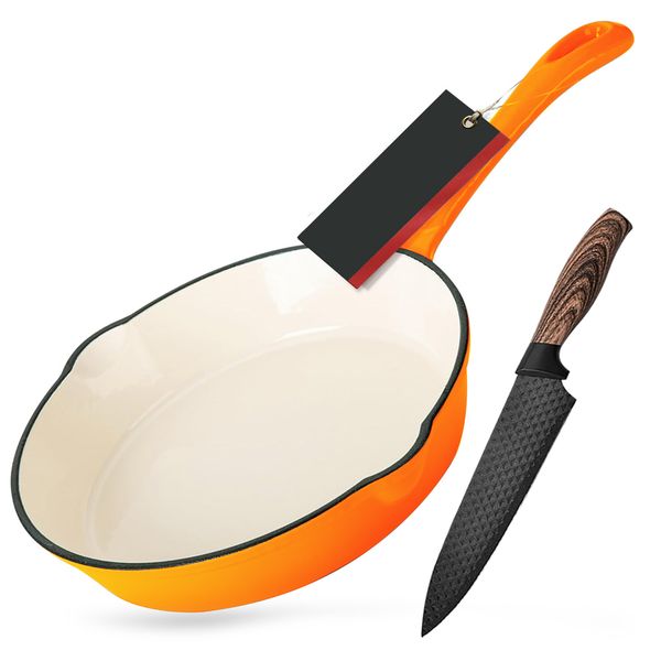 25cm - Large Enameled Cast Iron Saute Skillet Frying Pan with Knife Set