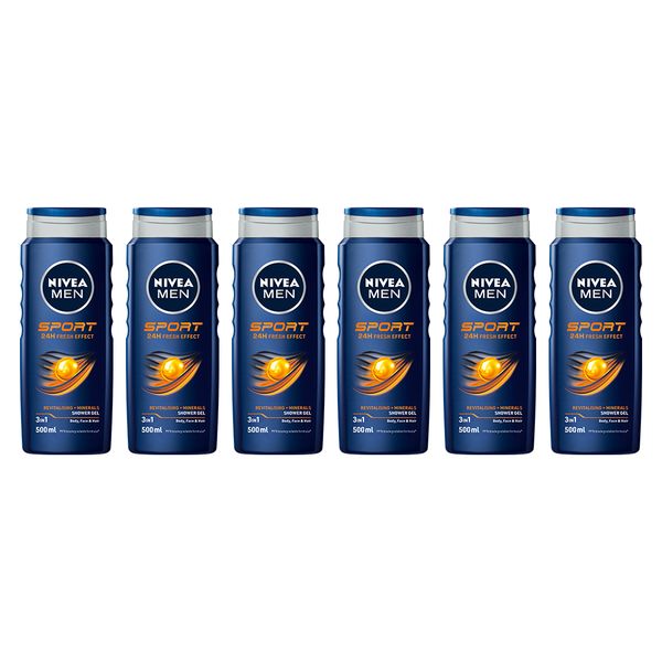 NIVEA MEN Sport 3in1 Shower Gel Wash with Revitalising Minerals, 6x500ml