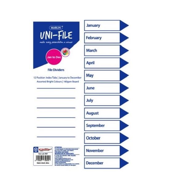 Marlin - File Dividers 160gsm Bright Board: Jan To Dec (Pack Of 10)