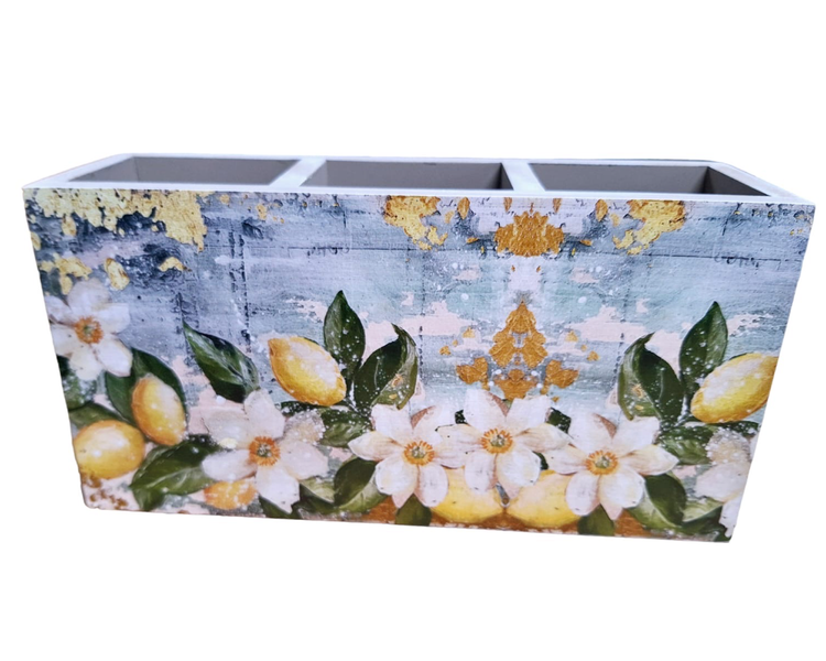 Lemons &amp; Leaves with White Flowers Cutlery or Stationary Holder