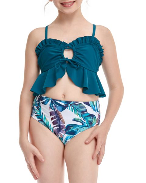 Olive Tree-Girls Frill Drawstring Cross Bikini Swimsuit-Green
