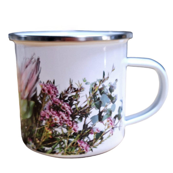 Beautiful Enamel Mug - Protea, Pink Flowers &amp; Bushy Green Leaves
