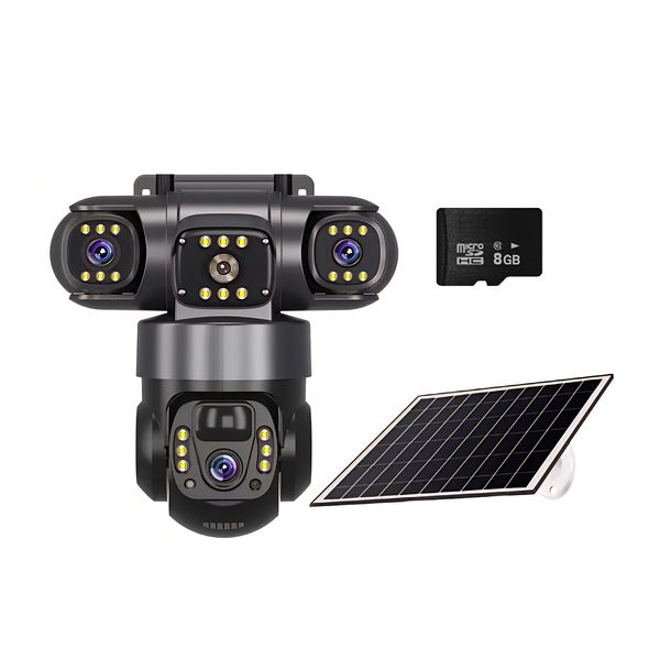 Solar Powered 4-Lens 360 PTZ Wireless Security Camera With 8GB SD &amp; Panel