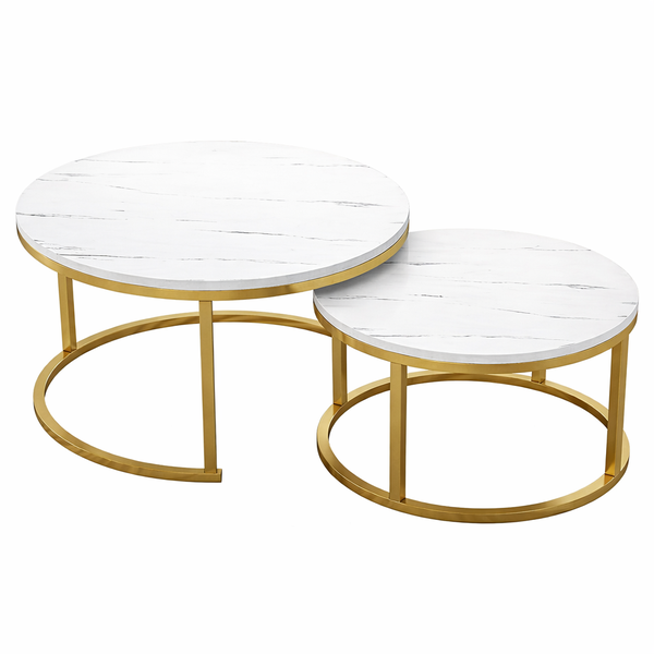 Modern Marble Nesting Coffee Table Set - White Top with Gold Frame