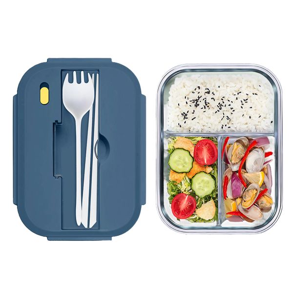3Compartment Lunch Box 960ml Glass Bento Box Container with Lid and Cutlery
