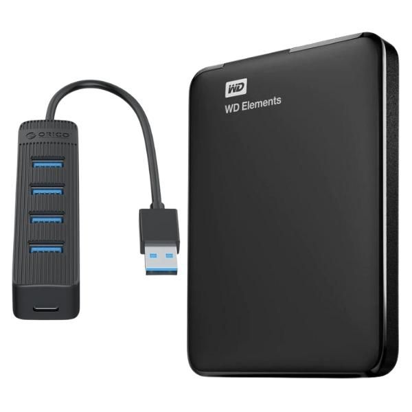 WD Elements 2TB Portable Hard Drive &amp; Orico 4 Port USB3.0 Hub - Black
