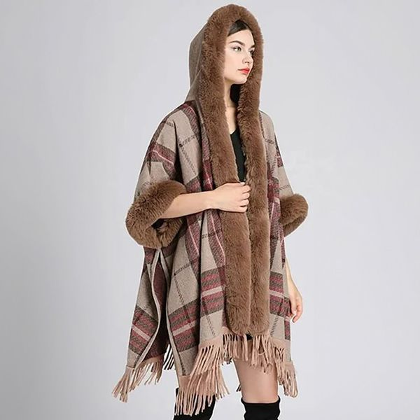 Hooded Faux Fur Trim Cape - Taupe Plaid