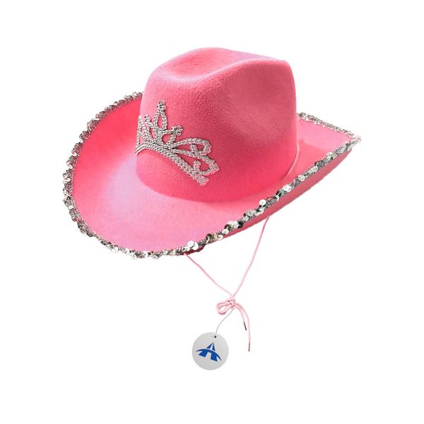 Alanes Pink Cowboy Hat Sequin Cowgirl Princess Hat with Crown Tiara Design
