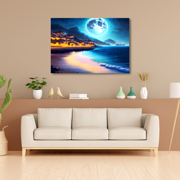 Canvas Wall Art - Seaside Town Moon