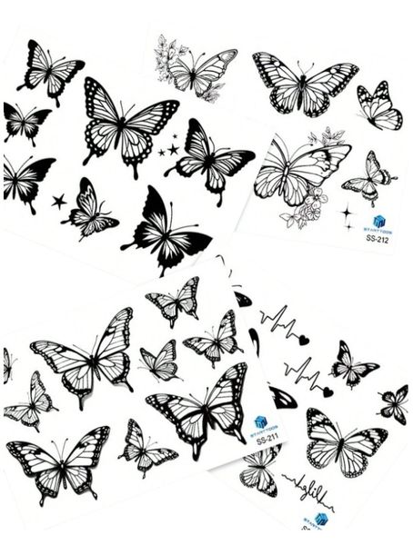 4 Piece - Bloom Butterfly Temporary Tattoo - Black