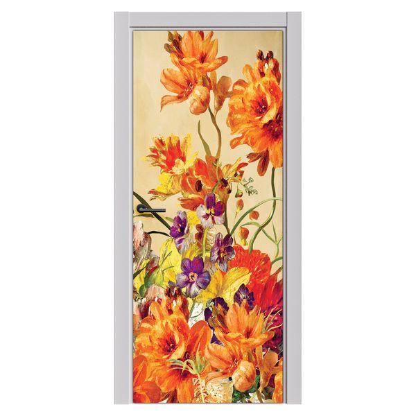 Decoupage Tear Resistant Transfers - Painted Orange and Purple Flowers Door