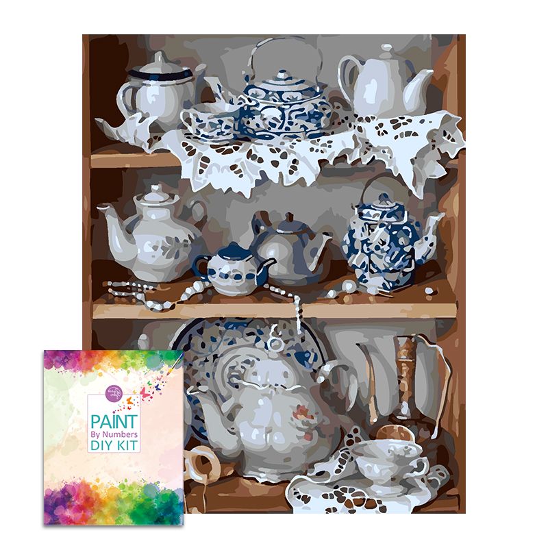 Easy Craft Paint by Number DIY Kit, 50x40cm Shelf with Tea Pots Shop