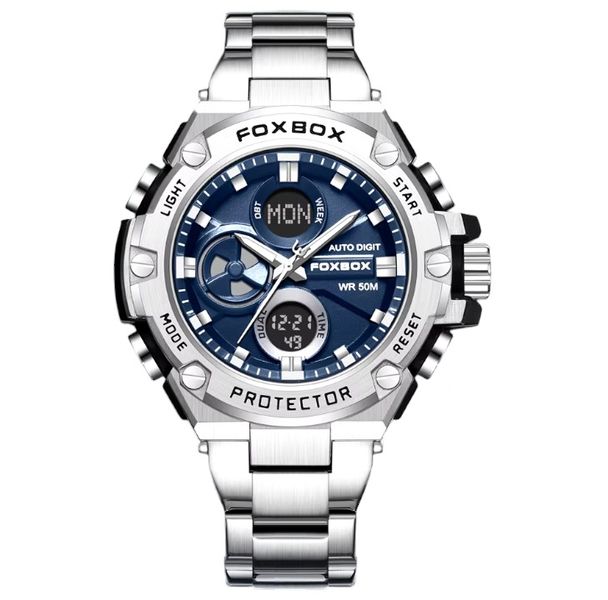 FOXBOX - Stainless Steel Quartz Watch With Dual Time Display - Silver/Blue