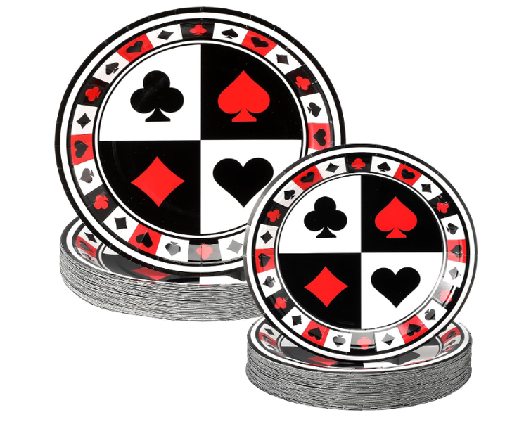 100 Pack Casino Party Paper Plates 50" Poker Dessert and 7" Playing Card