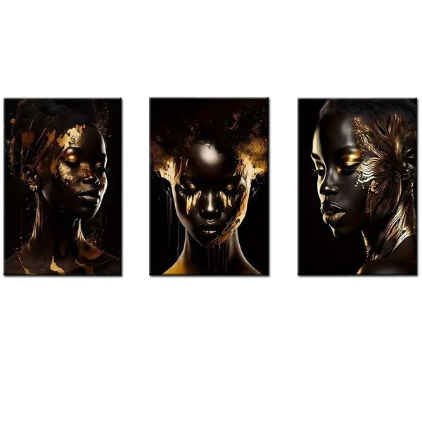 Canvas-Art-3 Pieces Gold African Black Goddes Abstract Wall Art