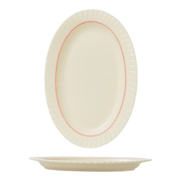 6 Piece - Oval Plate With Pink Beaded Trim - Ivory