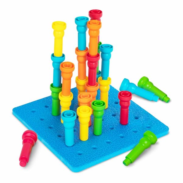Play Build Peg Board Toy for Kids, 25 Colorful Pegs with Foam Board