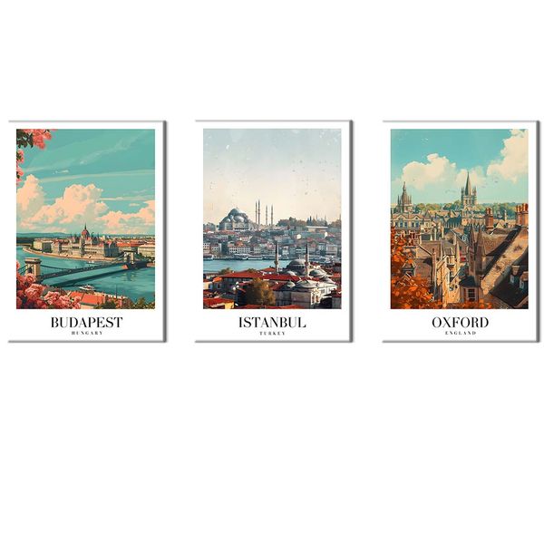 Canvas-Art-3 Pieces Vintage Oxford , Budapest &amp; Instabul Travel Wall Art