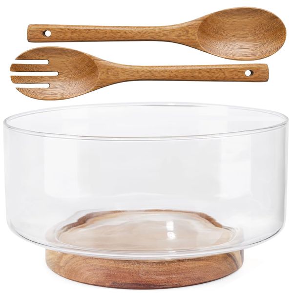 Extra Large Glass Salad Bowl Set With Wood Base &amp; Serving Utensils-Modern