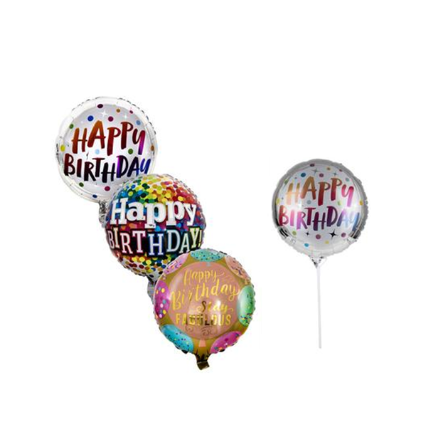 3 Assorted Happy Birthday Balloons With Stick 45cm x 3